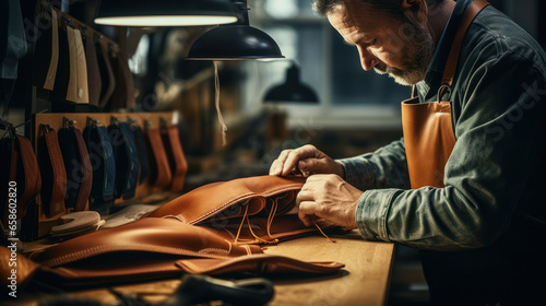 Close up of cobbler working with leather textile at his workshop