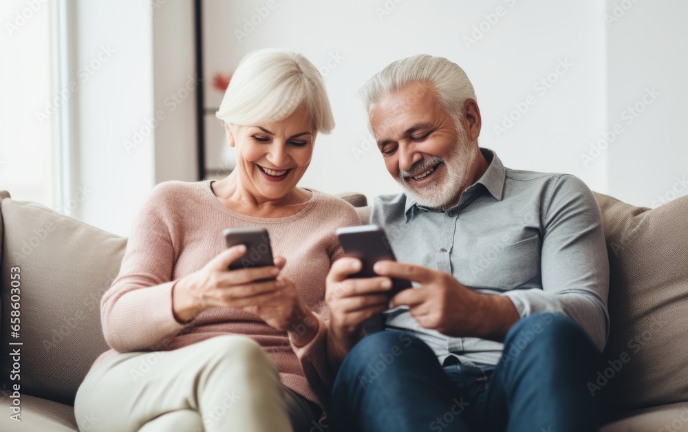 Middle-aged couple sitting together and using smartphones. Middle-aged couple sitting together and using smartphones.