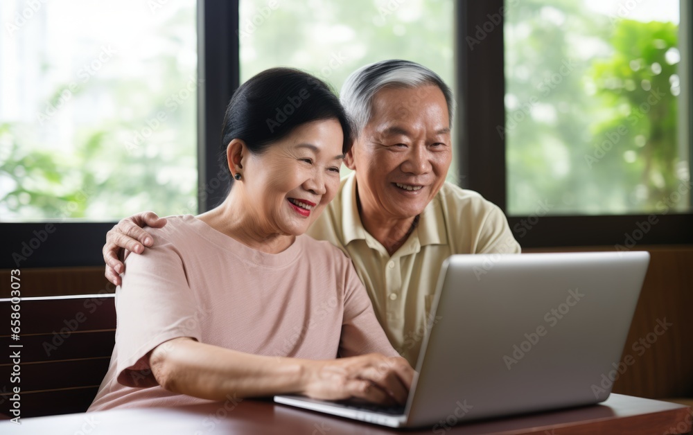 Middle-aged couple sitting together, using a laptop for various activities. Middle-aged couple sitting together, using a laptop for various activities.