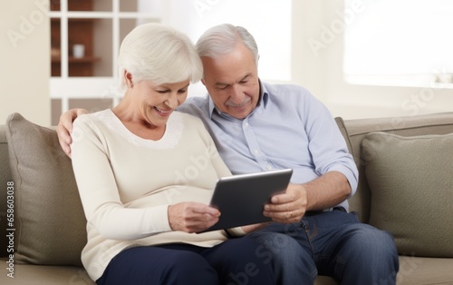 Middle-aged couple sitting together, using social media on digital tablet.