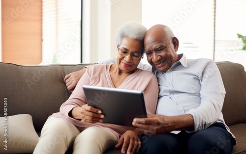 Middle-aged couple sitting together, using social media on digital tablet.