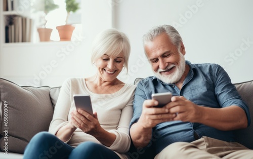 Middle-aged couple sitting together and using smartphones.