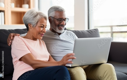 Middle-aged couple sitting together, using a laptop for various activities. photo