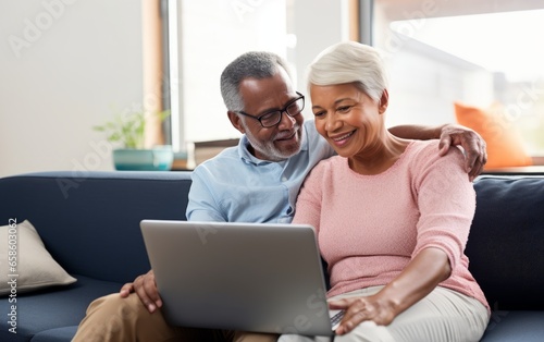 Middle-aged couple sitting together, using a laptop for various activities.