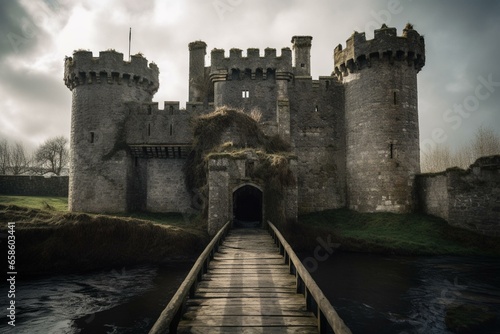 An ominous castle with stone walls, towers, and spiked walls. It features a drawbridge over a slimy moat. Windows and doors are covered in cobwebs. Generative AI