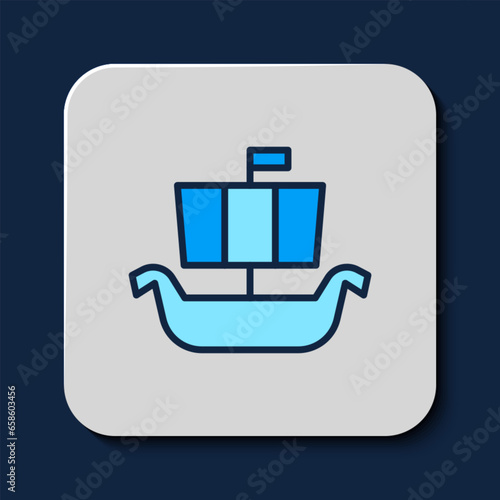 Filled outline Ancient viking scandinavian drakkar icon isolated on blue background. Viking transport ship. Vector