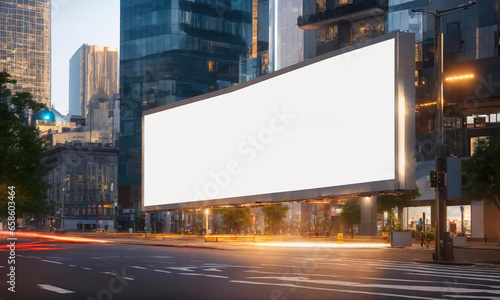 mockup, Blank Billboard on City Street at Night. Outdoor advertising. Plain white billboard on office building background, skyscrapers. a lot cars pedestrian at the street. night scene. Generative ai