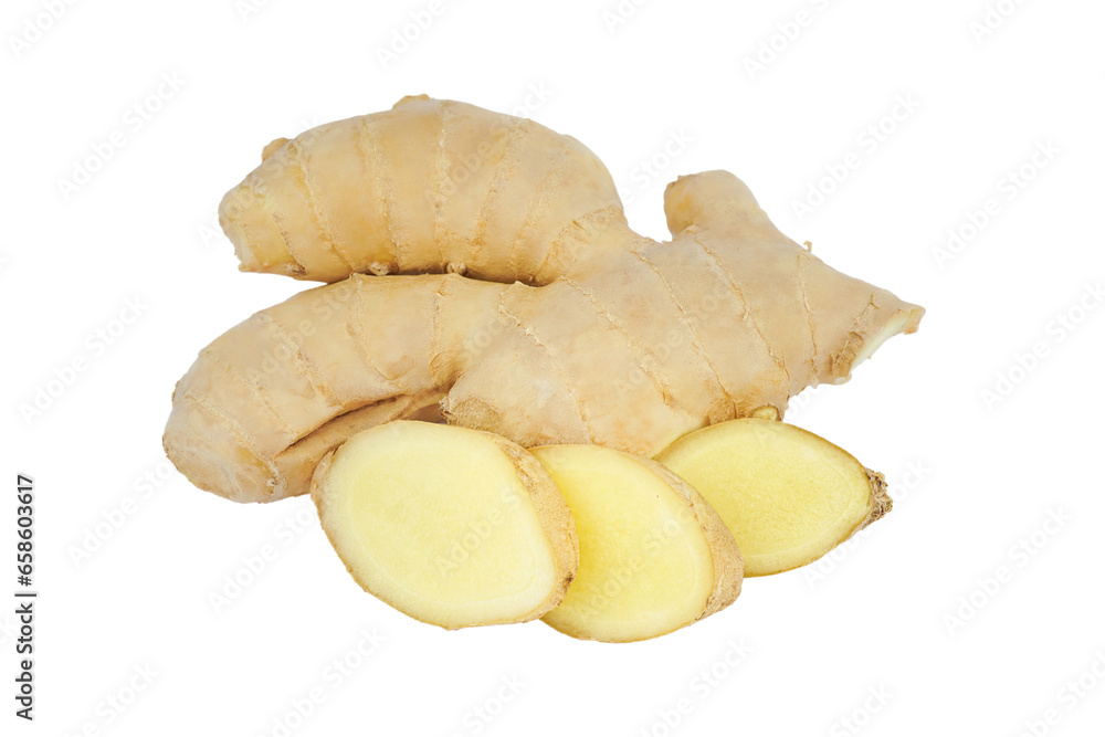 Fresh ginger with sliced isolated on white background. PNG Fresh ginger with sliced isolated on white background. PNG