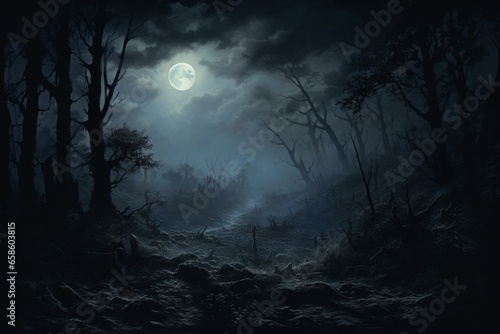 A nighttime woods shrouded in mist, illuminated by a bright full moon and covered in foggy clouds. Generative AI