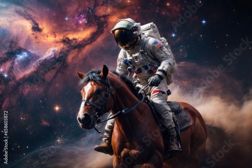 Astronaut riding a horse in space. Elements of this image furnished by NASA © i7 Binno