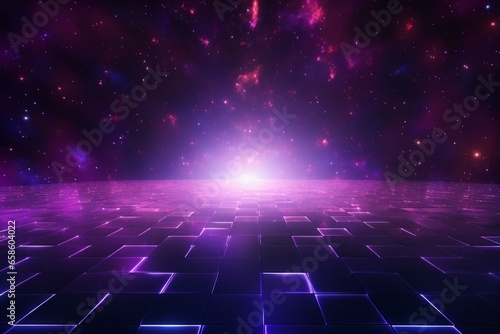 Abstract glowing laser background with pixelated animation and purple light glow representing a galaxy. Generative AI