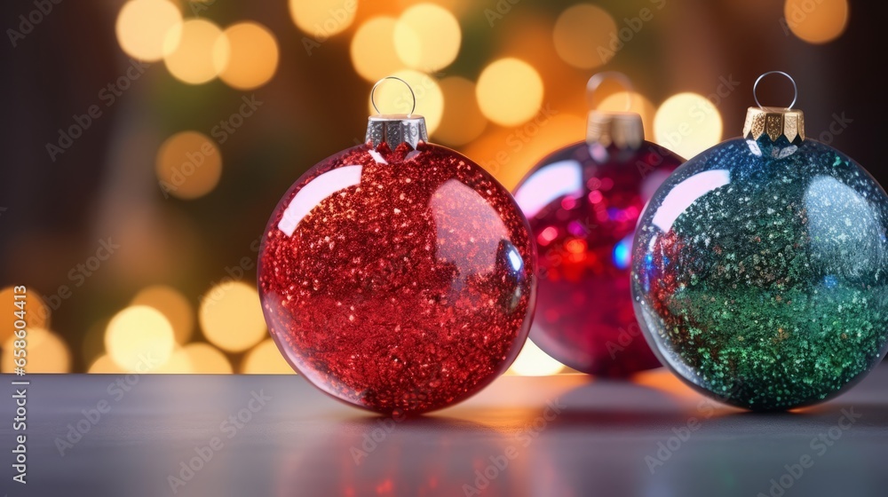 Colourful Christmas balls decoration with bokeh circles in the background. Festive wallpaper background for gift wrapping. Generative AI Colourful Christmas balls decoration with bokeh circles in the background. Festive wallpaper background for gift wrapping. Generative AI