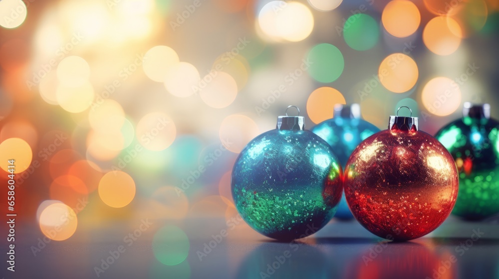 Colourful Christmas balls decoration with bokeh circles in the background. Festive wallpaper background for gift wrapping. Generative AI Colourful Christmas balls decoration with bokeh circles in the background. Festive wallpaper background for gift wrapping. Generative AI