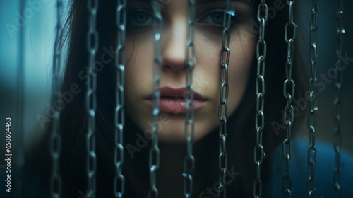 A sad, tired or anxious woman behind chains. Depression, mental health concept. Generative AI