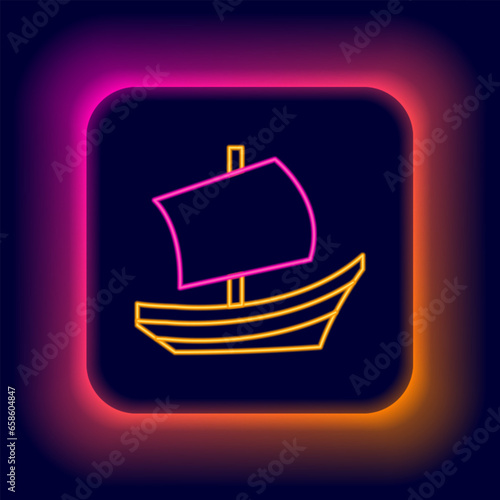 Glowing neon line Egyptian ship icon isolated on black background. Egyptian papyrus boat. Colorful outline concept. Vector
