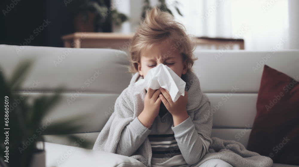 Unwell kid with tissue, sneezing on the couch, experiencing illness and discomfort Unwell kid with tissue, sneezing on the couch, experiencing illness and discomfort