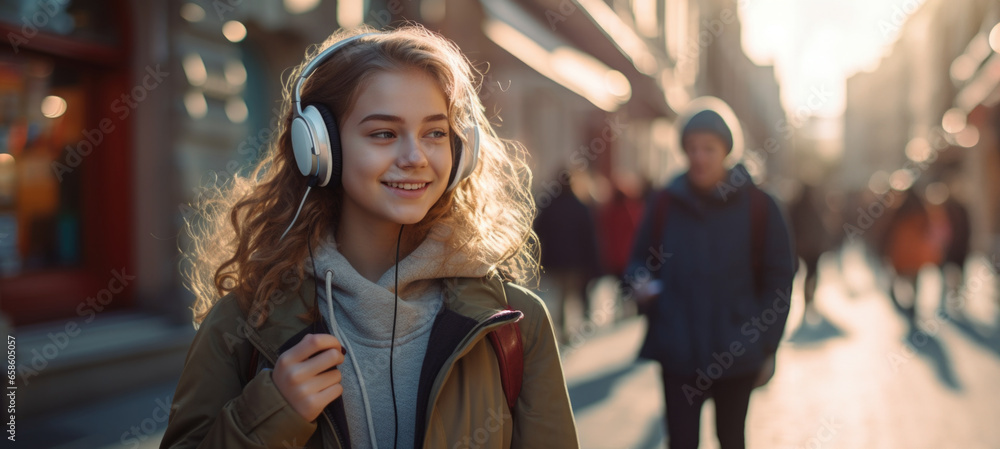 Cheerful young girl explores the urban landscape, grooving to her tunes Cheerful young girl explores the urban landscape, grooving to her tunes