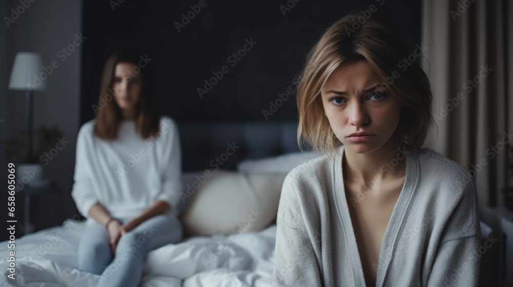 Concerned mother sits with her troubled child on the bed, addressing motherhood problems Concerned mother sits with her troubled child on the bed, addressing motherhood problems