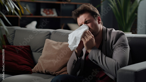Man feeling under the weather, using a napkin to sneeze