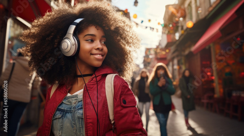 Happy teen with earphones, embracing the urban rhythm while walking © Valeriia