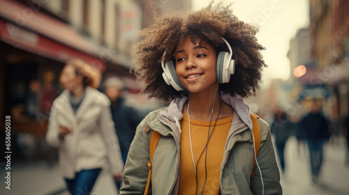 Joyful teenage girl strolls through the city, lost in music with headphones
