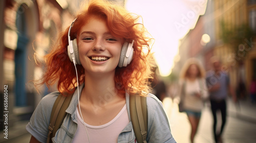 Carefree teenager in the city, dancing to the beat of her music