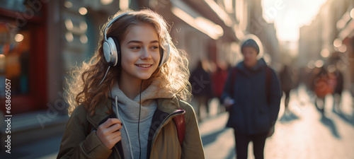 Cheerful young girl explores the urban landscape, grooving to her tunes