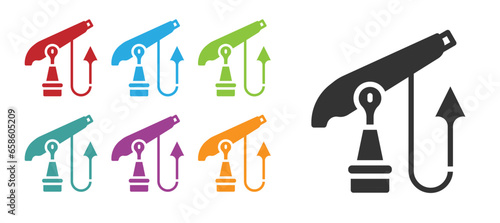 Black Fishing harpoon icon isolated on white background. Fishery manufacturers for catching fish under water. Diving underwater equipment. Set icons colorful. Vector