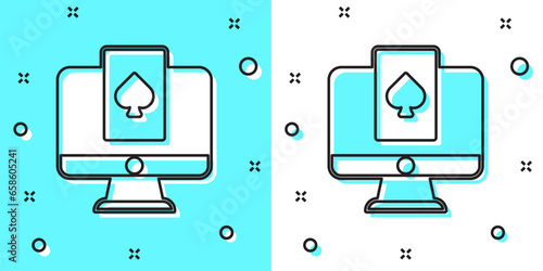Black line Online poker table game icon isolated on green and white background. Online casino. Random dynamic shapes. Vector