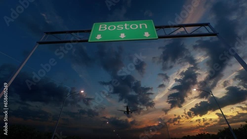 Boston City Road Sign - Airplane Arriving To Boston Airport Travelling To United States