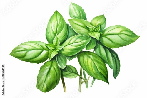 Watercolor illustration of isolated basil leaves. Generative AI
