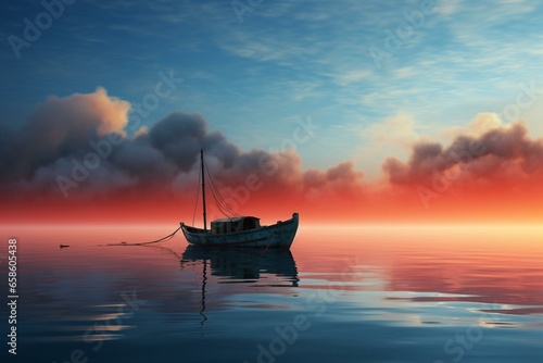boat floating at sea. Generative AI © Khaled