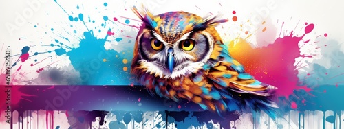 Painted colorful owl animal, they show off in beautiful colors. isolated black background. Pattern for t-shirt printing, Generative AI © dm