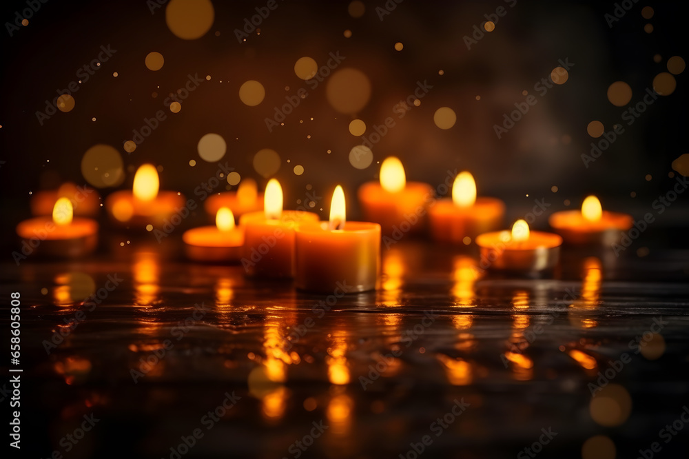small candles on the floor in the dark with copy space for text small candles on the floor in the dark with copy space for text