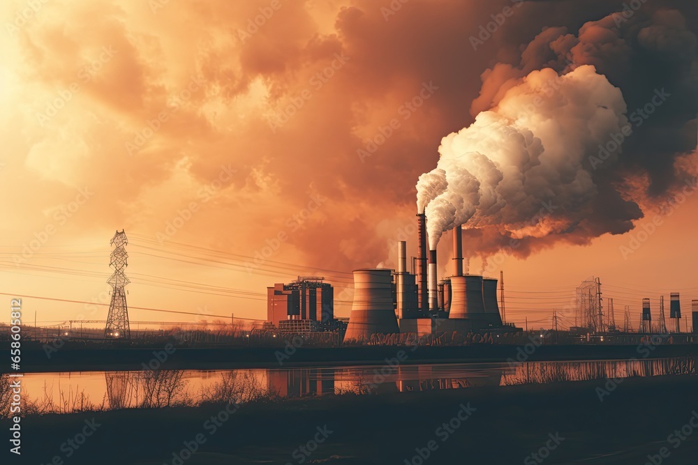 an industrial plant with smoke pouring out, in the background a city engulfed in smoke.  smoke and fumes from burning trees pouring out of smokestacks on factory chimneys