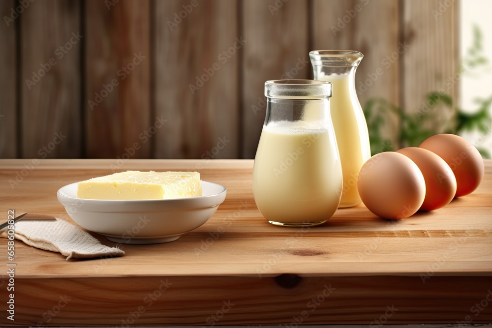 eggs, milk and butter on a wooden board eggs, milk and butter on a wooden board