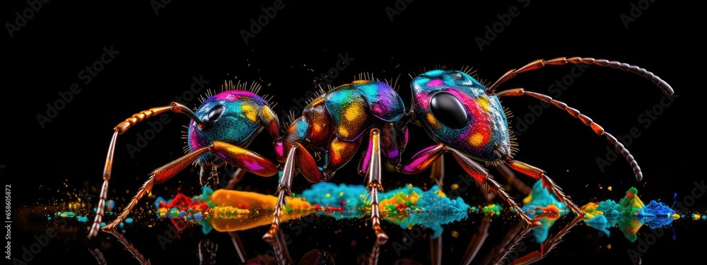Painted colorful ant animal, they show off in beautiful colors. isolated black background. Pattern for t-shirt printing, Generative AI Painted colorful ant animal, they show off in beautiful colors. isolated black background. Pattern for t-shirt printing, Generative AI