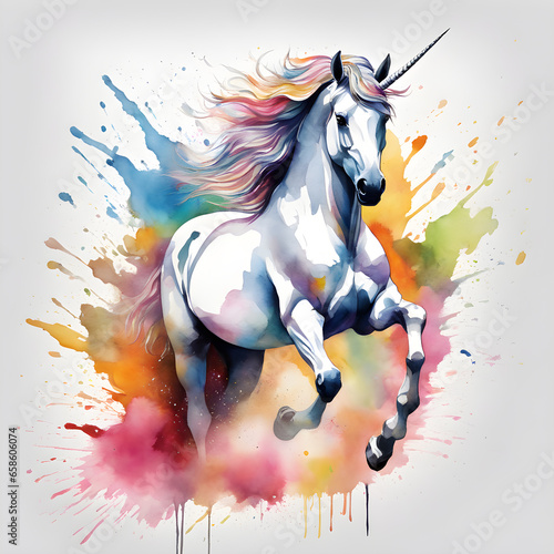 splash art watercolor drawing print t-shirt design jumping unicorn in splashes of paint