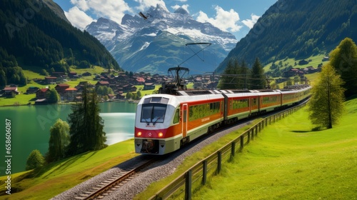 Famous electric red tourist panoramic train in swiss village Lungern, canton of Obwalden, Switzerland © ND STOCK