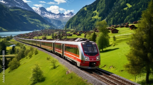 Famous electric red tourist panoramic train in swiss village Lungern, canton of Obwalden, Switzerland © ND STOCK