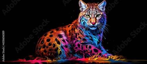 Painted colorful bobcat animal  they show off in beautiful colors. isolated black background. Pattern for t-shirt printing  Generative AI