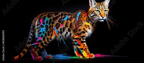 Painted colorful bobcat animal, they show off in beautiful colors. isolated black background. Pattern for t-shirt printing, Generative AI