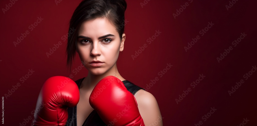 Young woman in red boxing gloves, serious expression on her face. Red background. Self-defense, women. Banner Young woman in red boxing gloves, serious expression on her face. Red background. Self-defense, women. Banner
