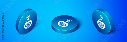 Isometric Grapple crane grabbed a log icon isolated on blue background. Forest industry. Industrial crane for lumber trunk wood production. Blue circle button. Vector