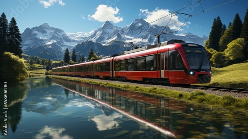 Famous electric red tourist panoramic train in swiss village Lungern, canton of Obwalden, Switzerland © ND STOCK