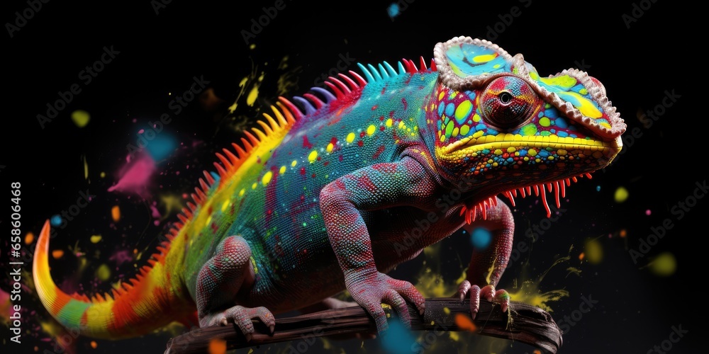 Painted colorful chameleon animal, they show off in beautiful colors. isolated black background. Pattern for t-shirt printing, Generative AI
