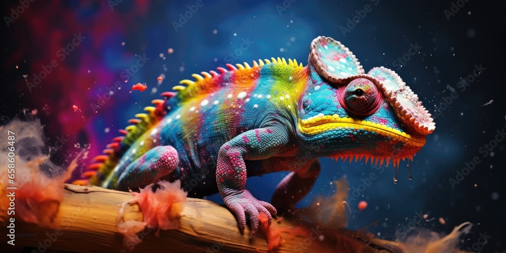 Painted colorful chameleon animal, they show off in beautiful colors. isolated black background. Pattern for t-shirt printing, Generative AI