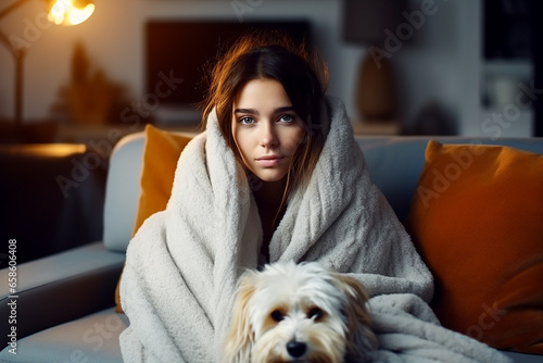 Fotografia Unhealthy woman in a blanket sits in a cold living room under a blanket with a dog