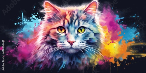 Painted colorful cat animal, they show off in beautiful colors. isolated black background. Pattern for t-shirt printing, Generative AI