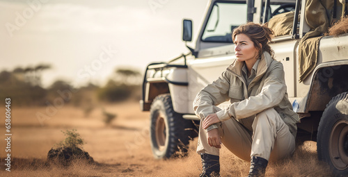 Woman in adventurer outfit on african safari. Sitting next to her off road car, blurred savanna background. Banner © Рика Тс